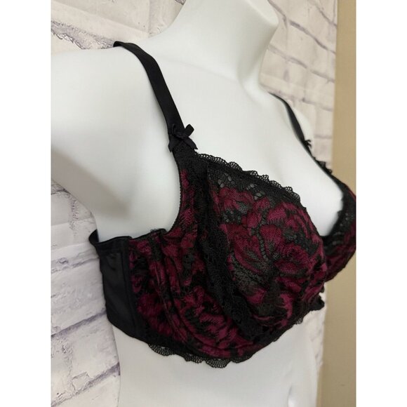 Cacique Bra Unlined Balconette Size 42DD Pink Black Lace Bow Underwire Sexy - Picture 2 of 8